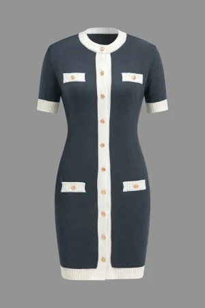 Knitted Contrast Short Sleeve Button Dress>MICAS Outlet