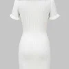 Knitted Metallic Button Ruffle Short Sleeve Dress>MICAS Best