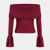 Knitted Off Shoulder Patchwork Bell Sleeve Top>MICAS Hot