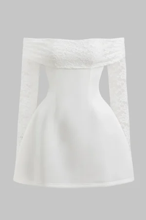 Lace Off Shoulder Patchwork Long Sleeve Mini Dress>MICAS Fashion