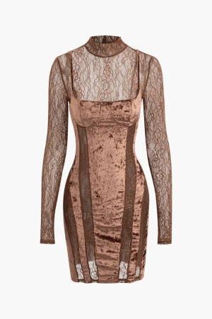 Lace Panel Velvet Mock Neck Long Sleeve Mini Dress>MICAS Hot