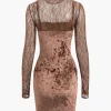 Lace Panel Velvet Mock Neck Long Sleeve Mini Dress>MICAS Hot