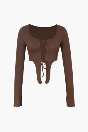 Lace Up Slit Sleeve Crop Top>MICAS Hot