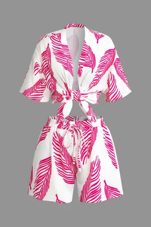 Leaf Print Drawstring Shorts Set>MICAS Discount