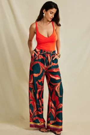 Leaf Print Drawstring Wide Leg Pants>MICAS Discount