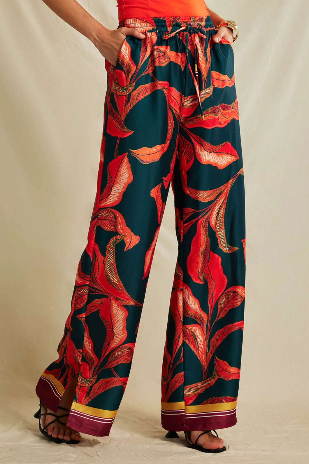 Leaf Print Drawstring Wide Leg Pants>MICAS Discount