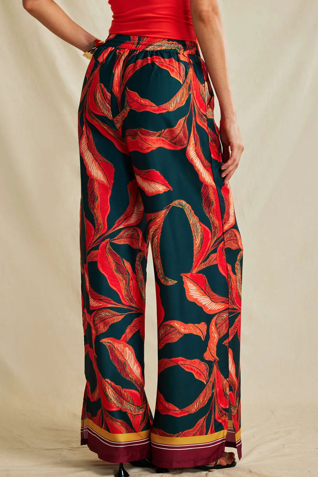 Leaf Print Drawstring Wide Leg Pants>MICAS Discount