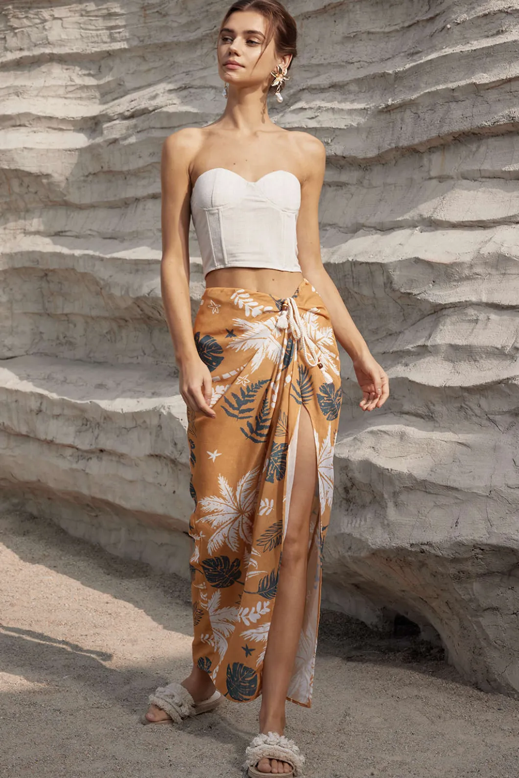 Leaves Print Knot Split Cover-Up Maxi Skirt>MICAS Sale