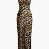 Leopard Print Cross Chain Cowl Neck Slit Slip Maxi Dress>MICAS Discount