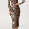 Leopard Print Long Sleeve Slim Midi Dress>MICAS Fashion
