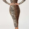 Leopard Print Long Sleeve Slim Midi Dress>MICAS Fashion