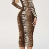 Leopard Print Long Sleeve Slim Midi Dress>MICAS Fashion