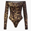 Leopard Print Off Shoulder Long Sleeve Bodysuit>MICAS Fashion