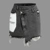 Letter Print Frayed Hem Denim Skirt>MICAS Fashion