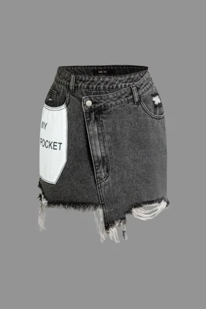 Letter Print Frayed Hem Denim Skirt>MICAS Fashion