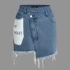 Letter Print Frayed Hem Denim Skirt>MICAS Fashion