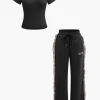 Letter Print T-shirt And Tassel Drawstring Pants Set>MICAS Discount