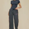 Letter Print T-shirt And Tassel Drawstring Pants Set>MICAS Discount