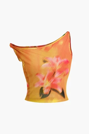 Lily Print Asymmetric Crop Tank Top>MICAS Online