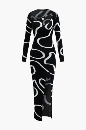 Line Pattern Cut Out Slit Knit Maxi Dress>MICAS Outlet