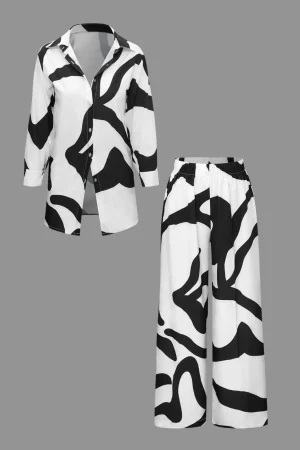 Line Print Button Up Shirt And High Waist Wide Leg Pants Set>MICAS Sale