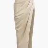 Linen Asymmetric Ruched Slit Midi Skirt>MICAS Discount