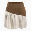 Linen Button Patchwork Pleated Skirt>MICAS New