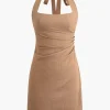 Linen Halter Neck Ruched Mini Dress>MICAS Sale
