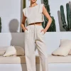 Linen Padded-Shoulder Tie Side Top And Drawstring Pants Set>MICAS Clearance