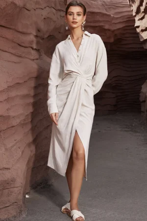 Linen Ruched Button-Up Slit Midi Shirt Dress>MICAS Best
