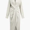 Linen Ruched Button-Up Slit Midi Shirt Dress>MICAS Best