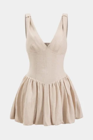 Linen Ruched Sleeveless Mini Dress>MICAS New