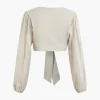 Linen V-neck Knot Ruched Crop Blouse>MICAS Hot