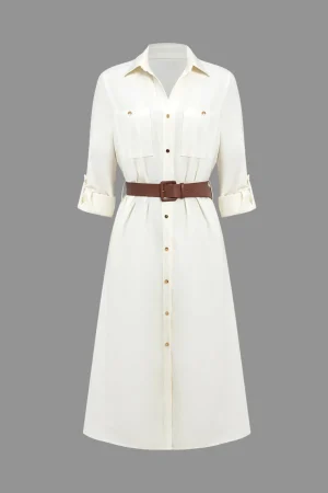 Long Sleeve Collar Belted Midi Dress>MICAS New