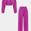 Long-Sleeve Top And High Waist Wide Leg Trousers Set>MICAS Fashion