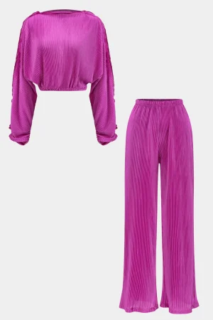 Long-Sleeve Top And High Waist Wide Leg Trousers Set>MICAS Fashion