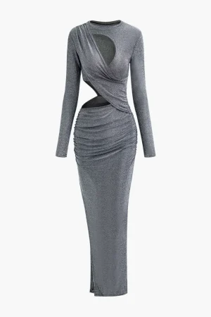 Lurex Asymmetric Cut Out Long Sleeve Maxi Dress>MICAS Outlet