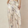 Marble Print High Waisted Full-length Straight Leg Pants>MICAS Fashion