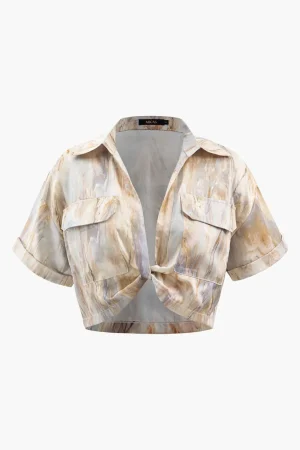 Marble Print Twist Hem Crop Shirt>MICAS Discount