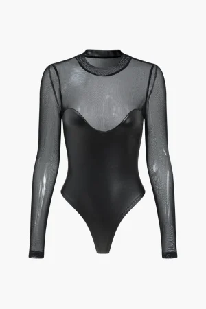 Mesh Faux Leather Patchwork Long Sleeve Bodysuit>MICAS Hot