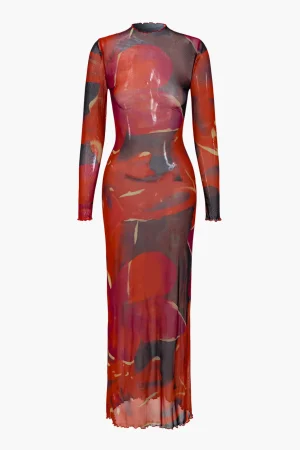 Mesh Long Sleeve Scallop Edge Maxi Dress>MICAS New