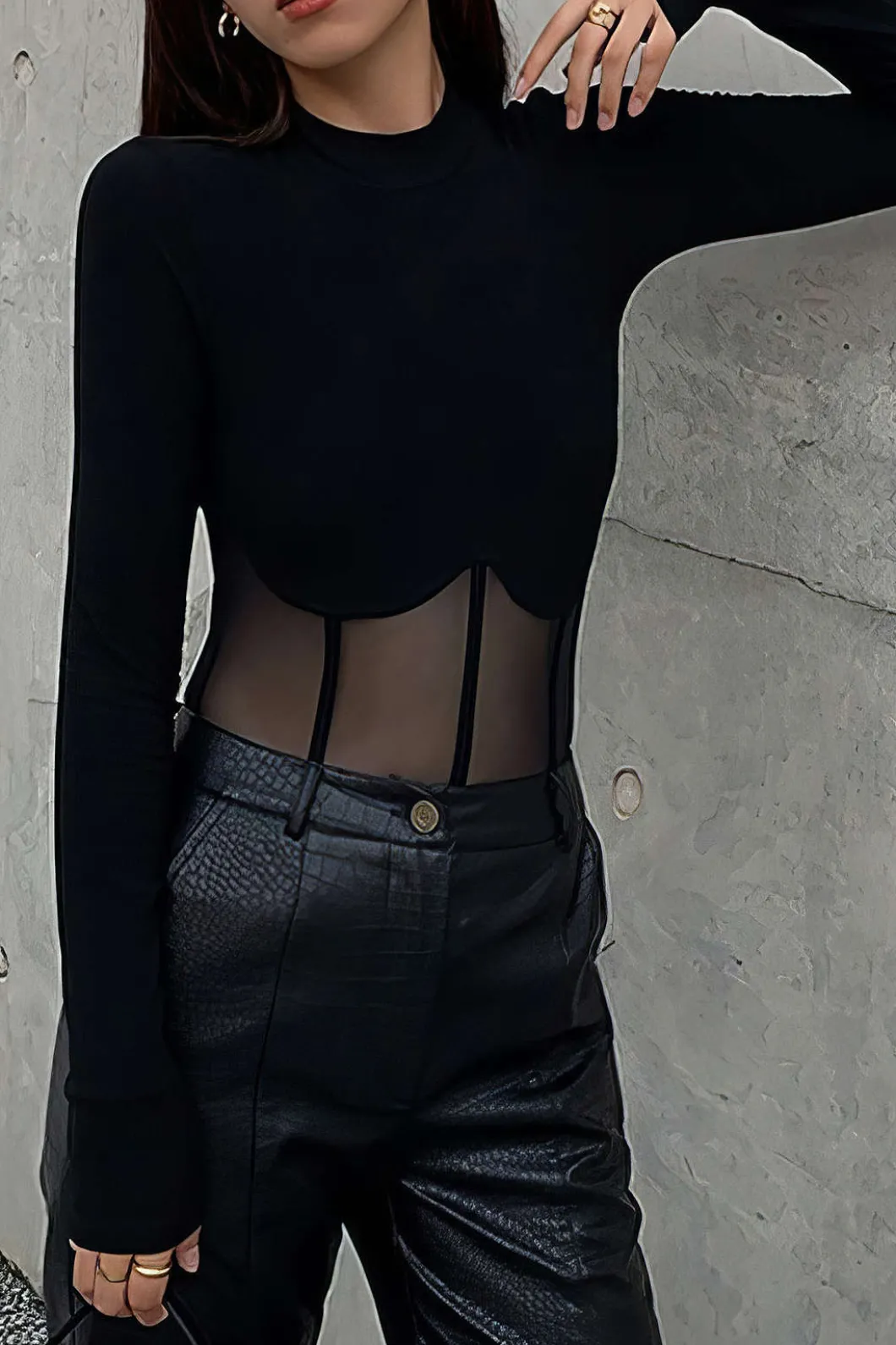 Mesh Patchwork Corset Round Neck Long-Sleeve Top>MICAS Online