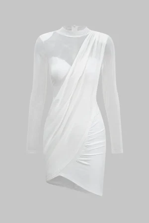 Mesh Patchwork Long Sleeve Sheer Mini Dress>MICAS Clearance