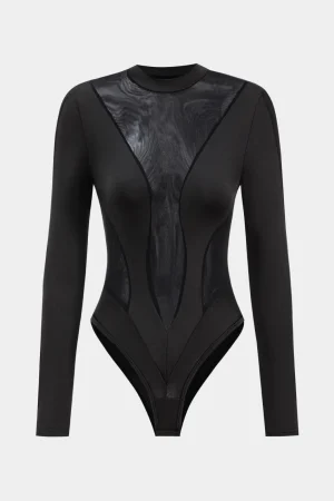 Mesh Patchwork Round Neck Long Sleeve Bodysuit>MICAS Sale