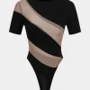 Mesh Patchwork Round Neck Short Sleeve Bodysuit>MICAS New