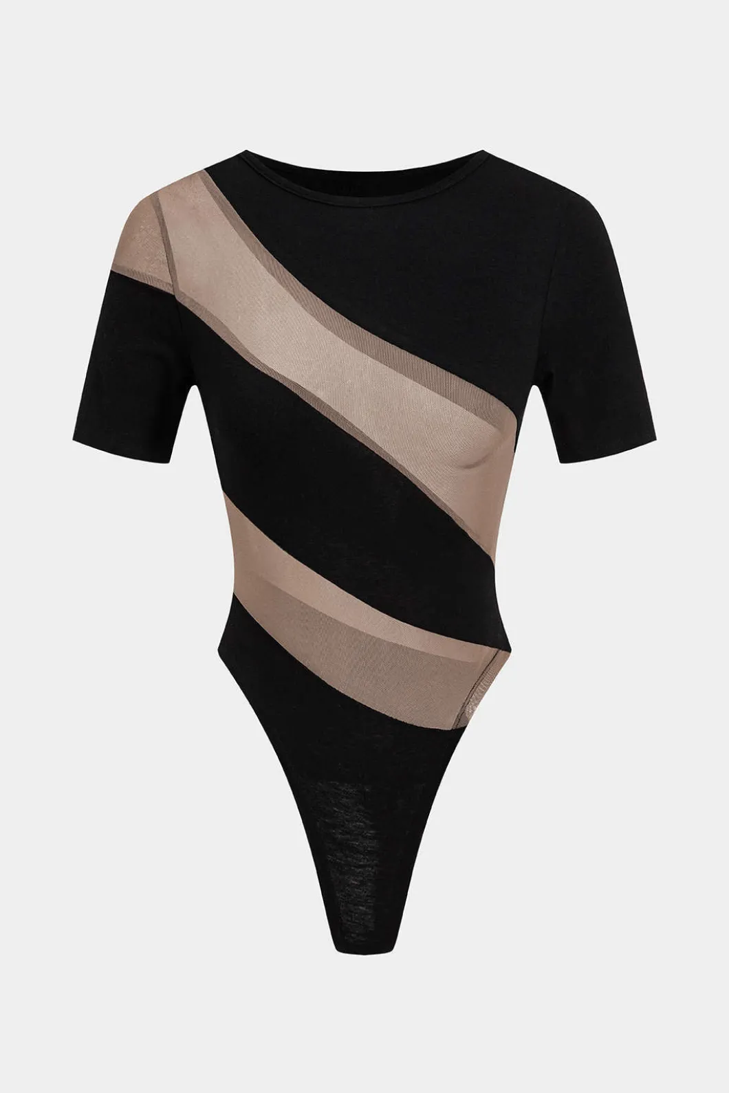 Mesh Patchwork Round Neck Short Sleeve Bodysuit>MICAS New