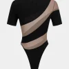 Mesh Patchwork Round Neck Short Sleeve Bodysuit>MICAS New