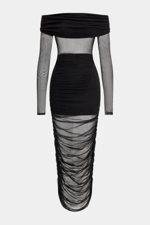 Mesh Patchwork Ruched Off Shoulder Long Sleeve Maxi Dress>MICAS Online