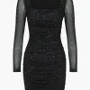 Mesh Ruched Long Sleeve Square Neck Mini Dress>MICAS New