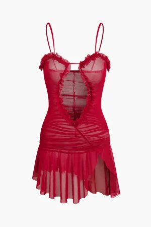 Mesh Ruched Ruffle Deep V-neck Slip Mini Dress>MICAS Clearance